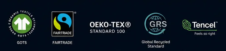 Certifikace: GOTS, FAIRTRADE, OEKO-TEX Standard 100, GRS, TENCEL